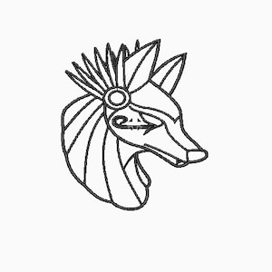 May include: Line art drawing of an Anubis jackal head with a headdress. The jackal is facing right and has a detailed headdress with a sun disk and uraeus.