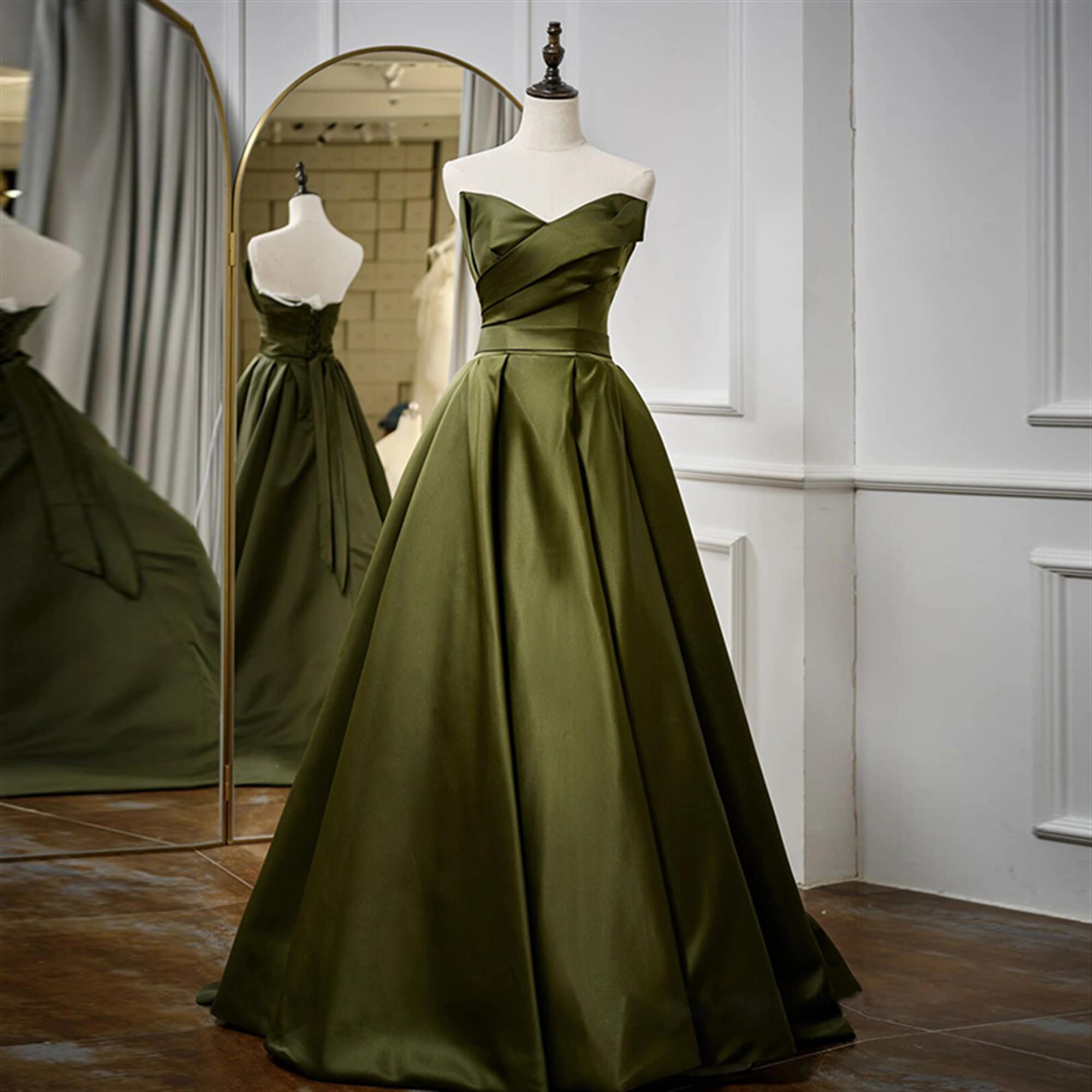 Olive Green V-neck Elegant Dress Vintage Prom Dress - Etsy Singapore