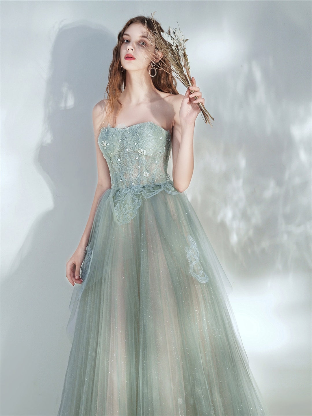 Sage Green Floral Lace Sparkle Glitter Tulle Elegant Dress - Etsy