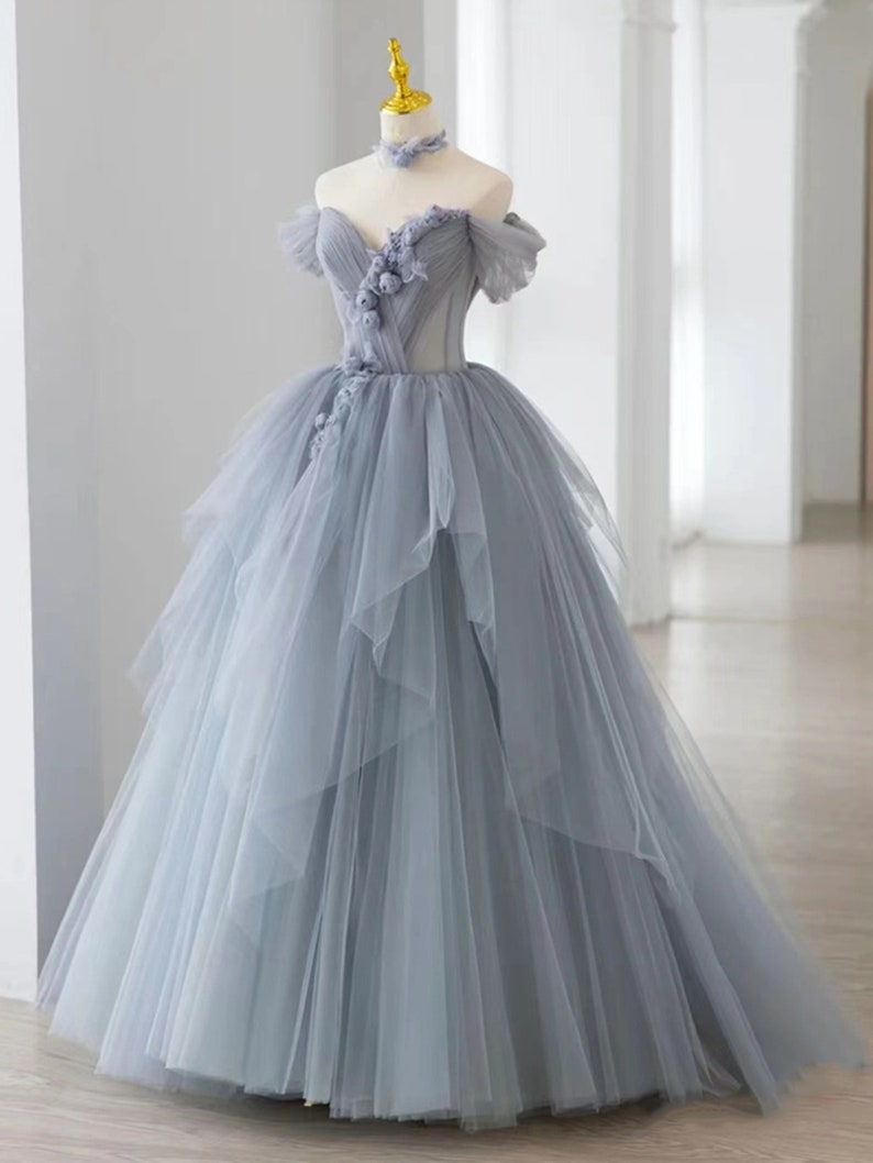 Grayish Blue 3D Flowers Tulle Elegant Dress Tulle V-neck off - Etsy