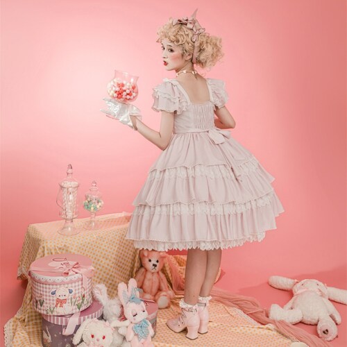 Pale Pink Lace Lolita Dress, Vintage Lolita Dress, Layered shops Bow Dress, Sweet Dress, Elegant Dress, OP Dress