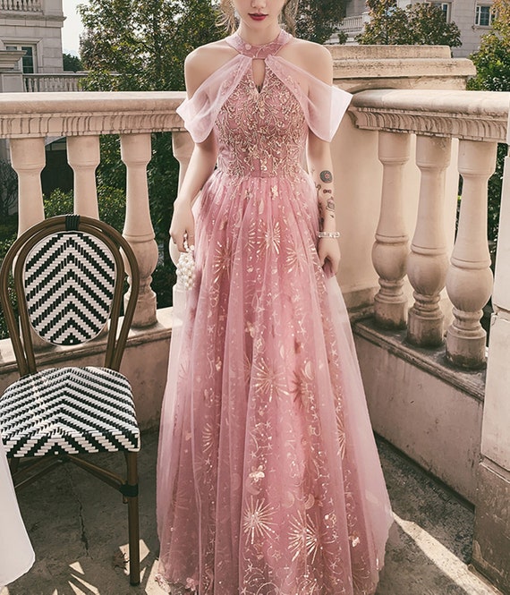 Rose Pink Moon Star Gold Sequins Tulle Dress Elegant Prom - Etsy