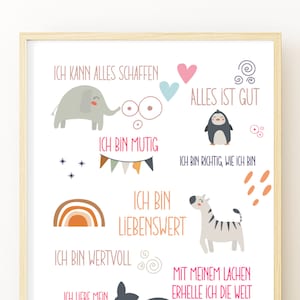 Cartel de afirmación para niños, digital, imprimible, imprimible, B'oho, animales, alemán