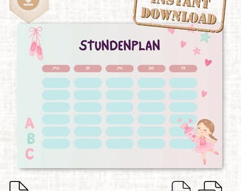 Horário escolar para meninas que começam a escola – Horário de bailarina A4 – Planejador escolar para impressão em PDF e PNG – rosa com cone escolar – Download instantâneo