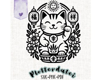 Arquivo de plotter gato da sorte com flores e lanternas – amuleto da sorte asiático | SVG PNG PDF
