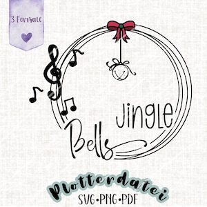 May include: Black and white illustration of a wreath with musical notes and the text "Jingle Bells". A red bow with a jingle bell ornament hangs from the top of the wreath.