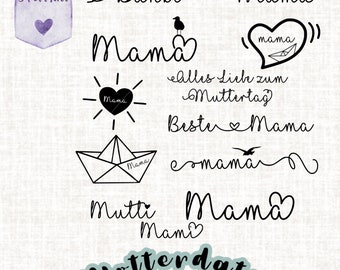 Op de afbeelding: Een digitale download van 10 zwart-witte SVG-bestanden met verschillende ontwerpen met het woord "Mama" in verschillende stijlen. De ontwerpen omvatten een hart, een zon, een papieren boot en een vogel. De tekst "Plotterdatei SVG.PNG.PDF" is ook inbegrepen.
