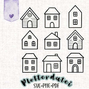 May include: A set of nine black and white house outline illustrations. The houses are in various styles, including a traditional house with a chimney, a modern house with a flat roof, and a cottage with a thatched roof. The illustrations are perfect for use in scrapbooking, card making, or other craft projects.