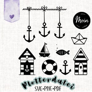 File di plotter marittimo – ancora, barca, pesce e casa sulla spiaggia – SVG PNG PDF