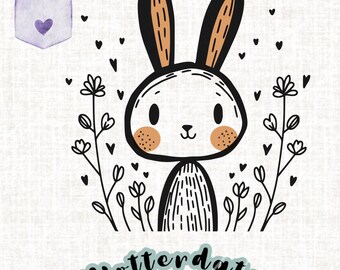 Puede incluir: Ilustración en blanco y negro de un conejo con orejas marrones y cara blanca. El conejo está rodeado de pequeñas flores negras y corazones.