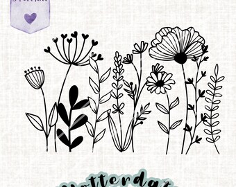 May include: Black and white line art illustration of a cluster of wildflowers. The illustration includes a poppy, daisy, and other wildflowers. The text "Plotterdatei SVG.PNG.PDF" is at the bottom of the image.