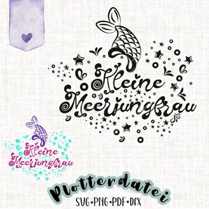 Könnte beinhalten: Schwarzweißes digitales Design mit einer Meerjungfrau mit Schwanz und dem Text "Kleine Meerjungfrau", umgeben von Sternen und Kreisen.