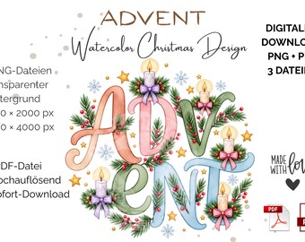 Advent PNG Aquarel Kerstontwerp | Adventsletters met kaarsen | Kerstclipart | Cricut Sublimatie | Digitale download