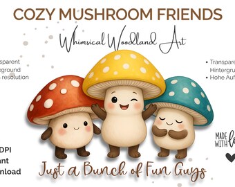 Gewoon een stel leuke kerels PNG | Schattige paddenstoelvriendjes | Speelse bosillustratie | Herfstclipart | Transparante PNG | 300 DPI