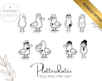 Pacote de arquivos de plotter “Seagull Gang” – 10 pássaros marítimos svg png pdf dxf MimaGraphics
