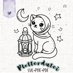 Archivo de trazador de Ramadán SVG, gato con pañuelo en la cabeza, linterna, luna, estrellas, gato musulmán, decoración de Ramadán DIY, archivo de trazador islámico