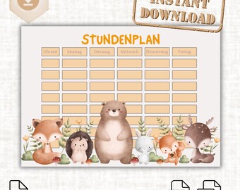 Horário dos Animais da Floresta para Crianças – Horário para Imprimir em PDF e PNG – Urso, Raposa, Ouriço – Presente para Matrícula Escolar – Agenda Escolar A4 – Download Instantâneo