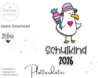 Schoolkind Zeemeeuw 2025 – SVG-plotterbestand voor de eerste schooldag | Maritieme eerste schooldag voor meisjes en jongens | Zeemeeuw met een schoolkegel