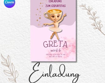 Convite Aniversário Infantil Bailarina Cappuccina – modelo personalizável A6 – Link do Canva para autoedição – cartão digital menina