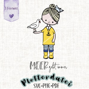 Fille avec mouette et bateau en papier, la mer fonctionne toujours, maritime, fichier de traceur SVG