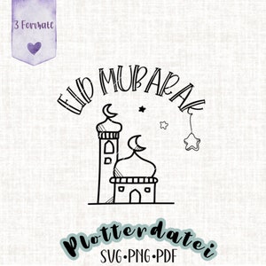 May include: Black and white line art illustration of a mosque with a crescent moon and star. The text "Eid Mubarak" is written in a decorative font above the mosque.