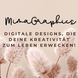 Pu&ograve; includere: Un logo aziendale di graphic design con il testo "Mima Graphics" in font corsivo nero. Il testo &egrave; centrato su uno sfondo beige chiaro con un'immagine sfocata di erba di pampa soffice e marrone chiaro sullo sfondo. Il testo sotto il logo dice "Digitale Designs, die deine Kreativit&auml;t zum Leben erwecken!"