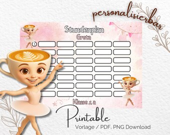Horário personalizado para crianças | Design de Bailarina Cappuccina | Com nome e turma | Download em PDF e PNG