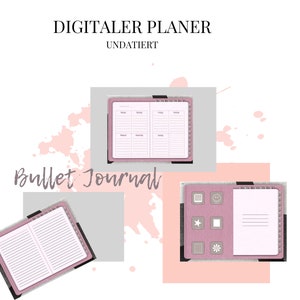 Puede incluir: Un planificador digital rosa con el texto "DIGITALER PLANER UNDATIERT" y las palabras "Bullet Journal" en blanco. El planificador está abierto en una página semanal con los días de la semana listados. El planificador también está abierto en una página en blanco con algunos iconos en el lado izquierdo.