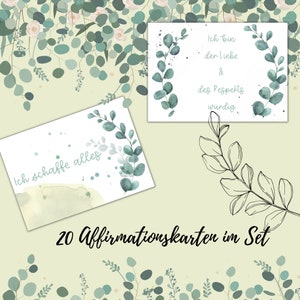 Tarjetas de afirmación para una mayor confianza en uno mismo con motivo de eucalipto: frases positivas y motivación para la vida cotidiana y la atención plena.