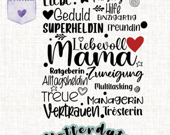 Puede incluir: Gráfico de texto en blanco y negro con la palabra "Mama" en letras grandes y un corazón rojo. El texto alrededor de la palabra "Mama" incluye palabras como "amor", "cuidado", "paciencia", "superheroína", "amiga", "consejo", "heroína de todos los días", "multitarea", "lealtad", "gerente", "confianza" y "consoladora".