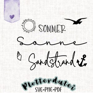 Fichier de traçage été, soleil, plage de sable SVG vacances maritimes côte de mer fichier de lettrage à la main coquille ancre soleil oiseau Mimagraphics