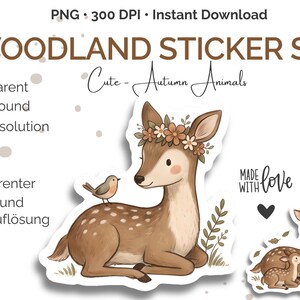 Könnte beinhalten: Ein digitales Wald-Sticker-Set mit Illustrationen von Rehen in verschiedenen Posen, darunter ein Kitz mit Blumenkranz und Vogel, ein Reh mit Schal, ein Reh, das unter einem Baum ein Buch liest, sowie ein Muttertier mit einem Kitz, inklusive Text.