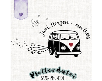 Dois corações – um caminho | Arquivo de plotter de carro de casamento | SVG PNG PDF | Ônibus Camper Wedding Love