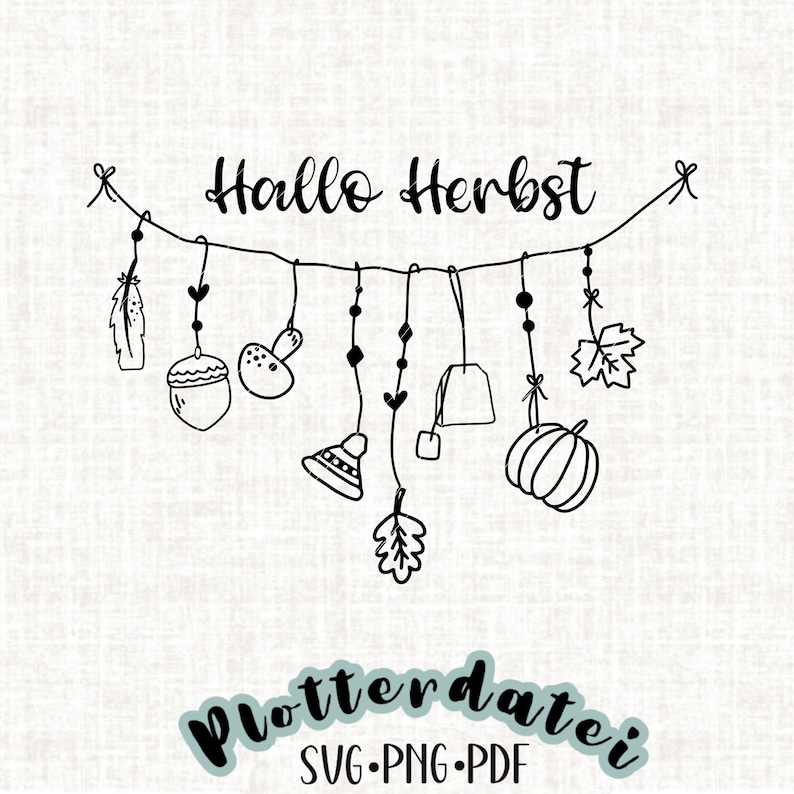 Pu&ograve; includere: Illustrazione in bianco e nero di una linea d'arte di una stringa di decorazioni autunnali con il testo "Hallo Herbst" appeso ad essa. Le decorazioni includono una piuma, una ghianda, un fungo, una bustina di t&egrave;, una zucca e foglie.