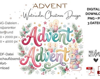 Advent PNG Aquarel Kerstontwerp | Adventsletters met kaarsen | Kerstclipart | Cricut Sublimatie | Digitale download