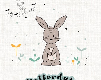 May include: A digital illustration of a gray bunny with long ears, holding its paws together, surrounded by small plants and dots. A smaller outline of the bunny is in the upper left corner. The text "Plotterdatei SVG PNG PDF" is at the bottom.