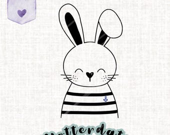 Könnte beinhalten: Schwarz-weiß-Linienzeichnung eines Hasen, der ein gestreiftes Hemd mit Anker trägt. Der Hase hat einen fröhlichen Ausdruck und schaut den Betrachter an. Der Text "Plotterdatei" befindet sich unter dem Hasen, darunter der Text "SVG.PNG.PDF.DXF".