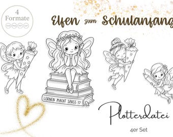 SVG-bundel met elfjes voor de eerste schooldag | 4 schattige schoolelfjes | SVG PNG PDF DXF snijbestand | De eerste schooldag van meisjes | Cricut Silhouette