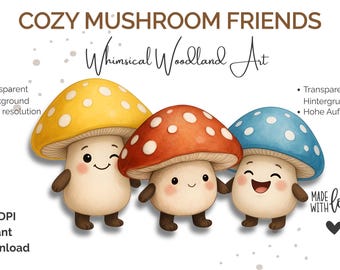 Gezellige paddenstoelvriendjes PNG – Schattige bospaddenstoelclipart – Kawaii bosillustratie – Direct downloaden – Transparante achtergrond