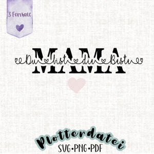 Könnte beinhalten: Schwarz-weißes Grafikdesign mit dem Wort "MAMA" in großen Buchstaben. Der Text "Du bist die Beste" ist in kleinerer Schrift unter dem Wort "MAMA" geschrieben.