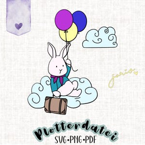 Archivo de trazador Bunny Joris volando con globos y maleta, clipart para niños en 3 formatos de archivo PD369