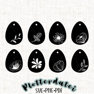 May include: Eight black and white egg-shaped SVG cut files with various floral designs. The designs include a simple leaf, a flower with a center circle, a flower with petals, a flower with a center circle and petals, and a flower with a center circle and a single leaf.