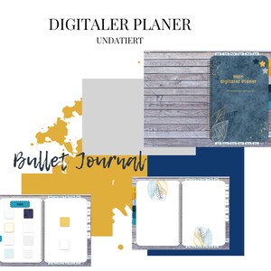 Könnte beinhalten: Ein digitaler Planer mit einem blauen Cover und goldenen Akzenten. Das Cover hat den Text "Mein digitaler Planer" und ein Design aus Blättern. Der Planer ist undatiert und hat eine Spiralbindung.