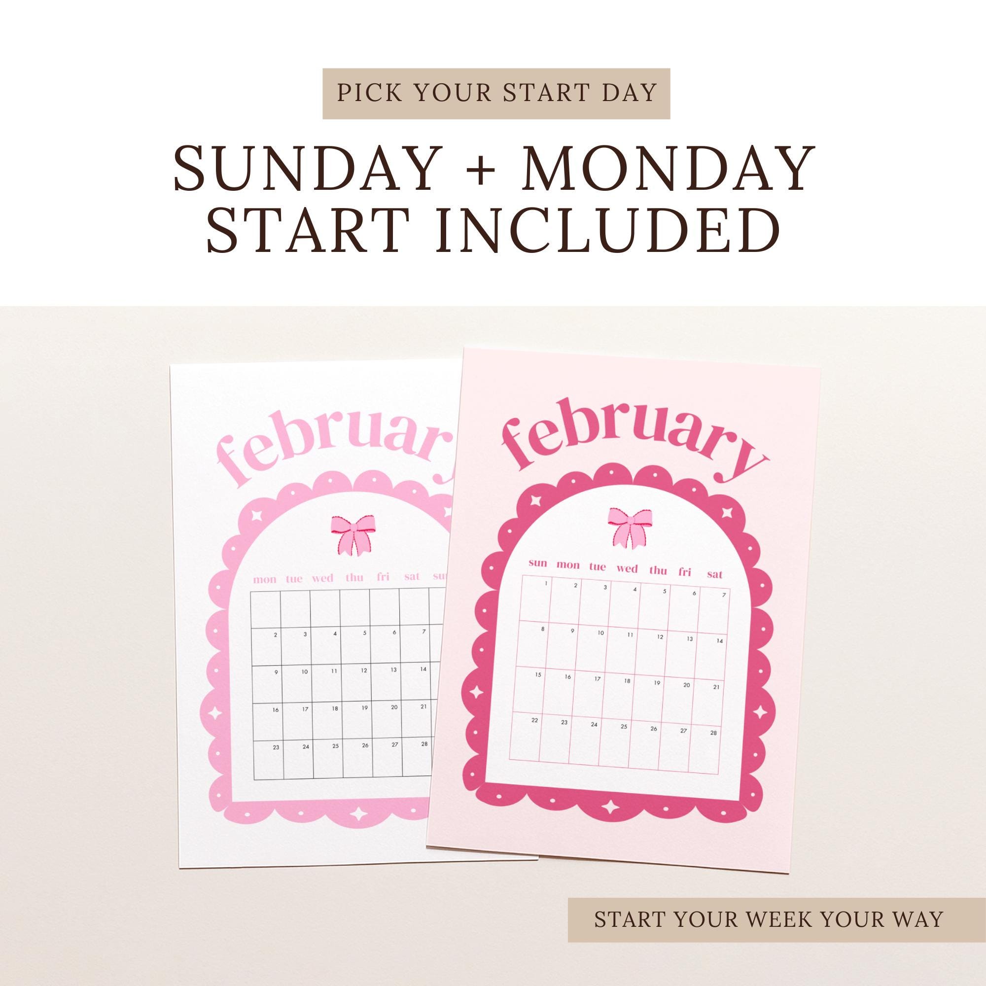 Modern Retro February Calendar Printable - Pink Arch Monthly Planner ...