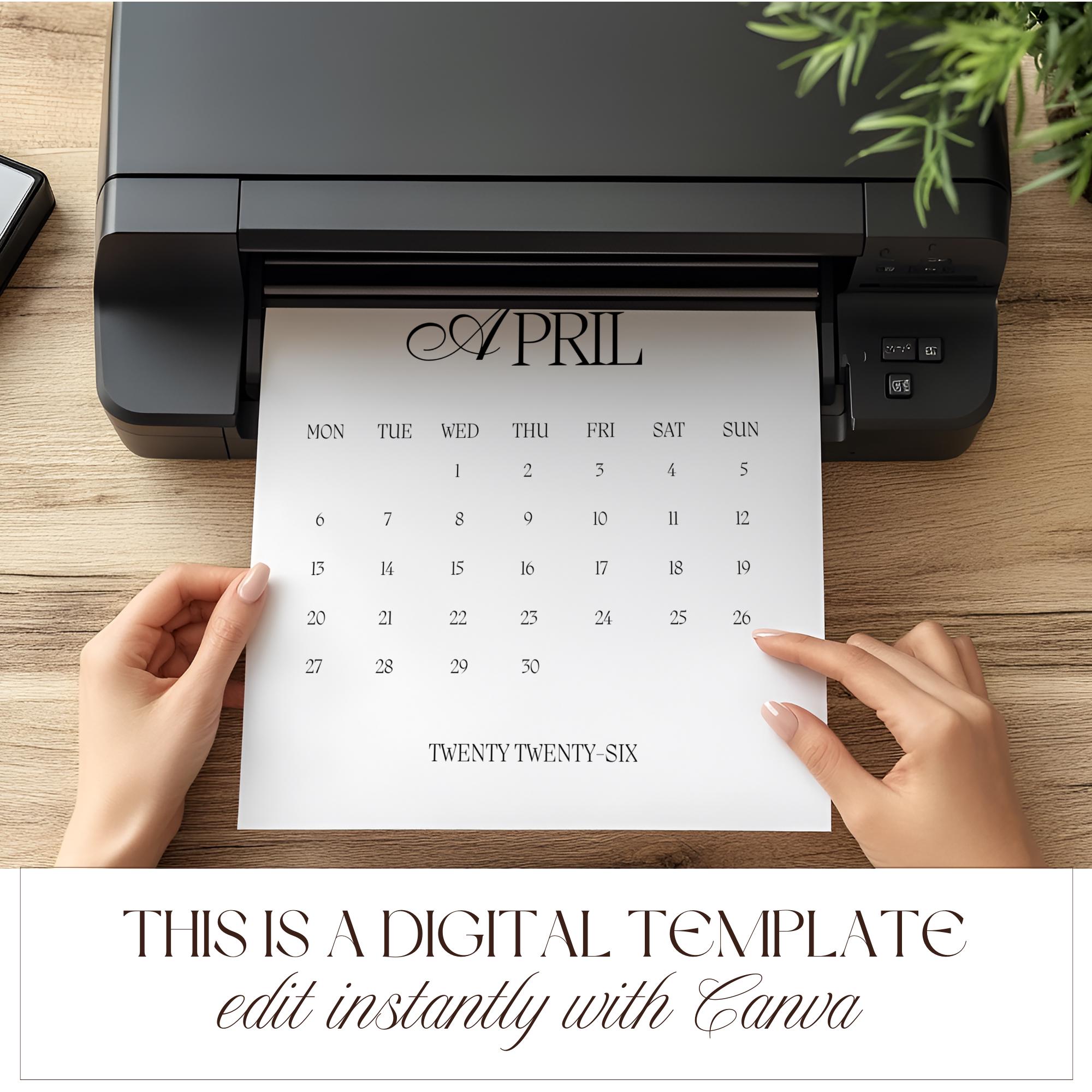 Calendar Rop Editable Monthly Calendar 2026, Monday Start, Instant Download, Canva ...