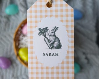 Gingham Easter Name Tag - Canva Template, Digital Download, 2x3.5" Custom Name Tags with Easter Bunny Art, Scalloped Spring Decor Printable