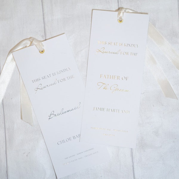 Wedding Ceremony Seat Reservation Tags | Wedding Reservation Tags | Foiled Personalised Wedding Seat Reservation Tag | Wedding Seat Sign