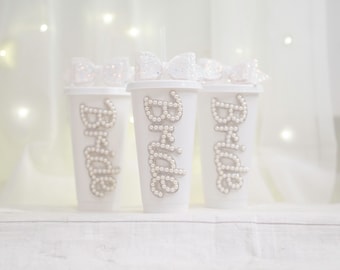 Pearl Bride Cold Cup | Diamante Lettering, Bow Straw Topper