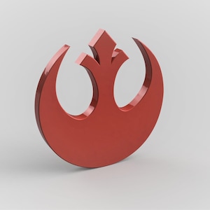 Puede incluir: Un emblema rojo brillante con forma de media luna estilizada y un elemento central que apunta hacia arriba. El diseño es un símbolo de rebelión, con una superficie lisa y reflectante y una apariencia tridimensional.