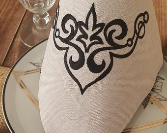 Gray Linen Napkin Black Embroidered, Personalized Design, Dining Room Accesories, Housewarming gift, Napkin Set, Mothers Day Gift,